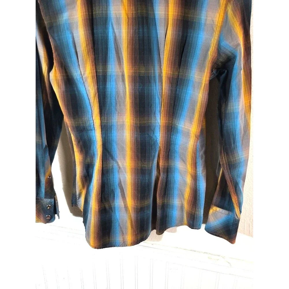 Banana Republic Pearl Snap Western Plaid Shirt Men’s Small Blue Yellow Long
